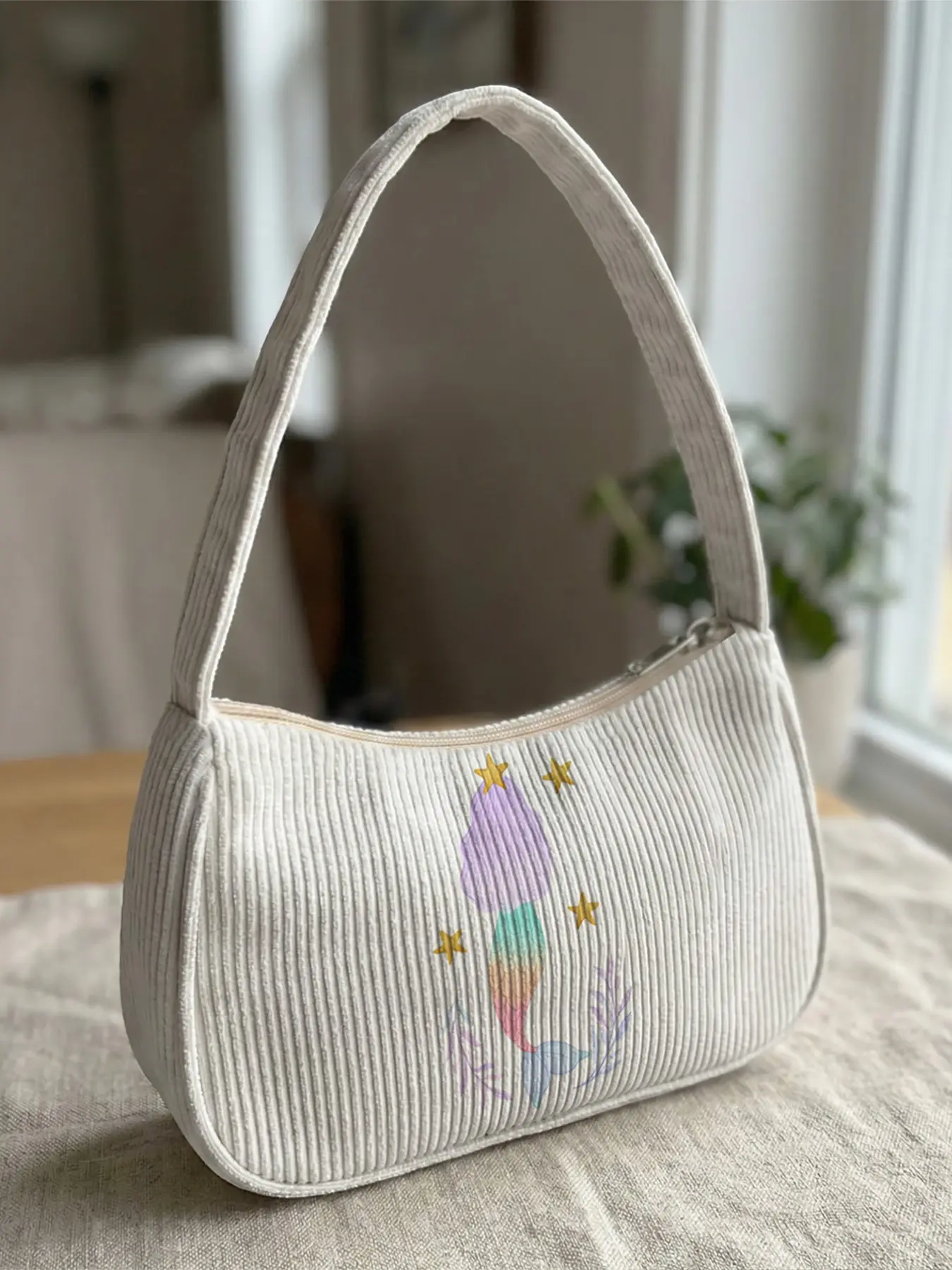 Mermaid Tail Pattern 2D Print Shoulder Bag, Velvet Crossbody Bag, Vintage Style, Casual All-Season Satchel, Versatile Daily Use
