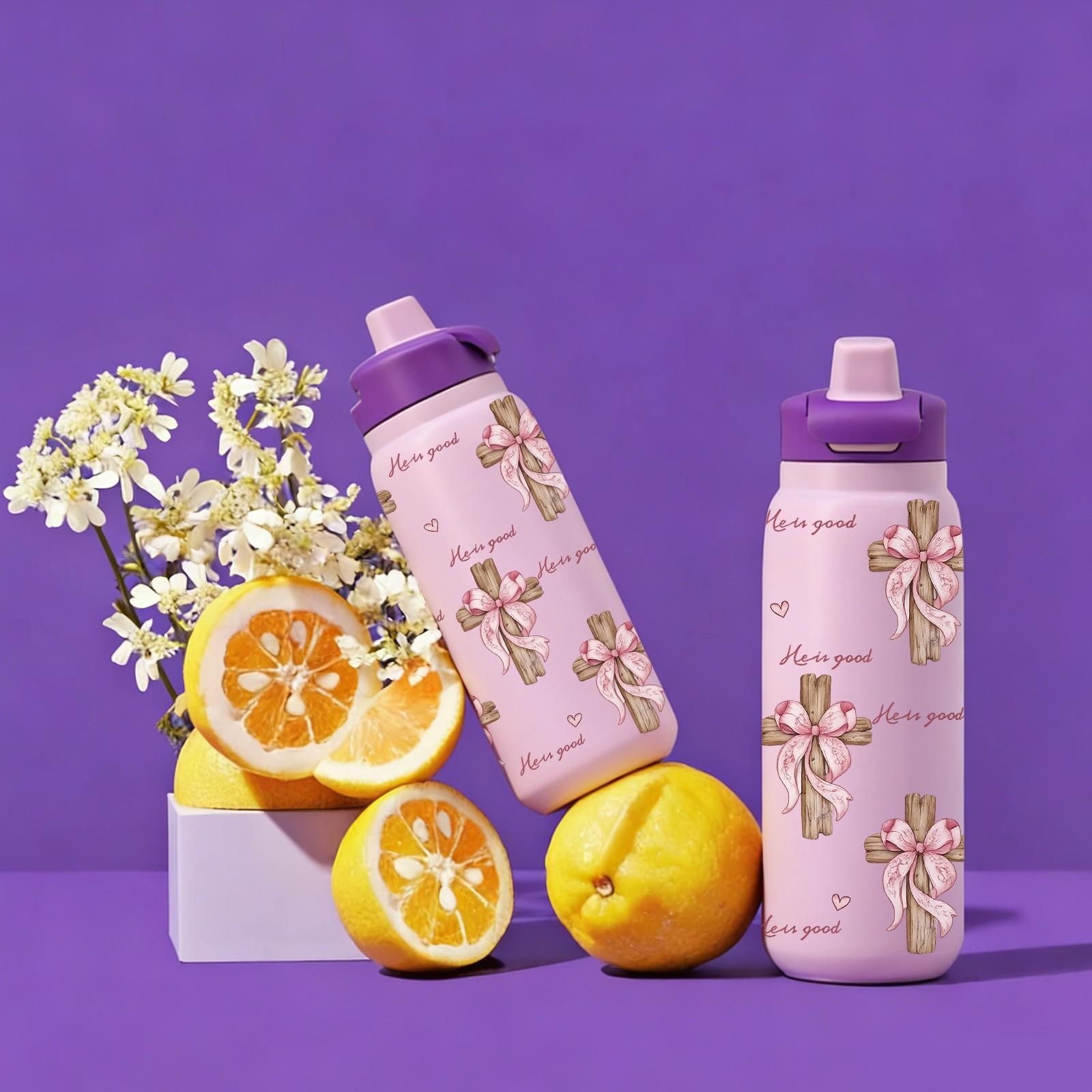 40oz Christian Faith Insulated Mug with Handle and Straw Lid, He Is Good Cross and Pink Bow Print, Double Wall Vacuum Thermal Mug for Hot and Cold Drinks, Large Capacity Car Travel Mug, Ideal Gift for Church Friends and Believers Tumbler