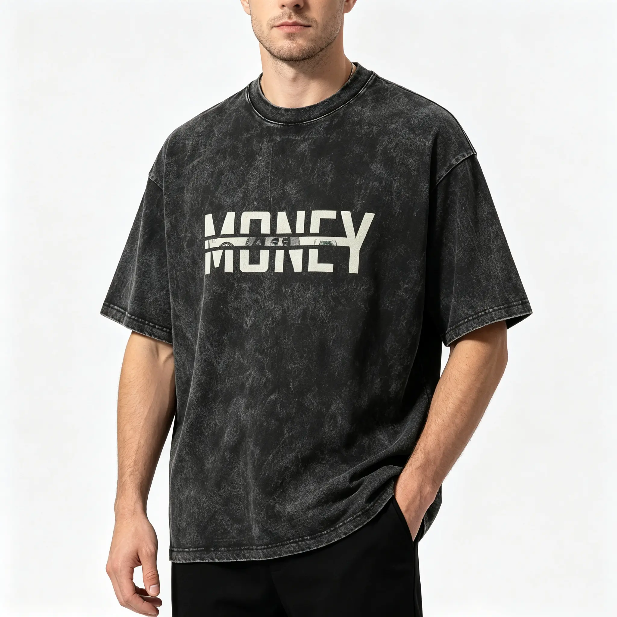 Men's 100% Cotton Acid Washed Oversized Graphic Tshirt - Retro Y2K Grunge Menswear, Money Split Text Slogan Distressed Print Short Sleeve, Patchwork Fabric Streetwear Casual Top