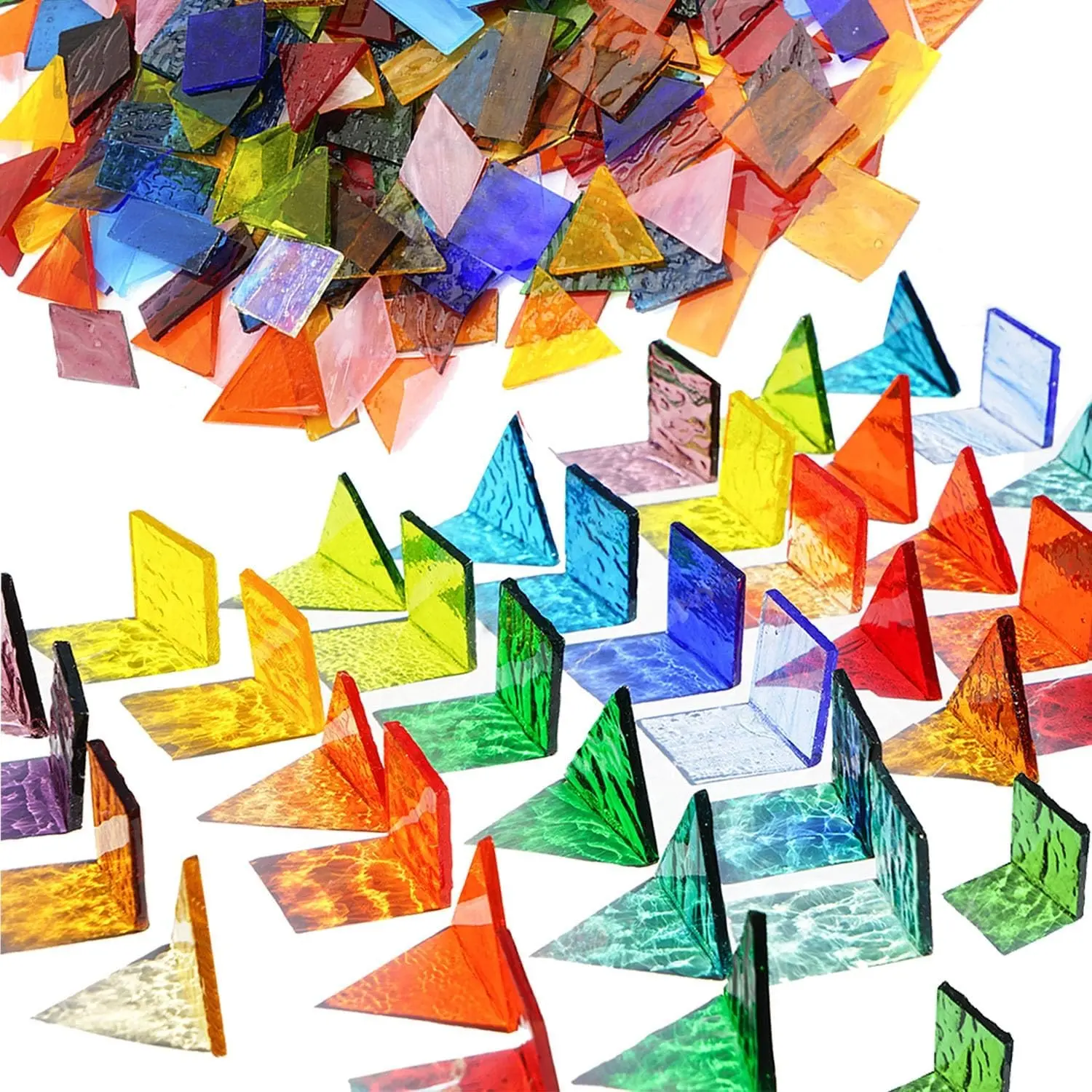 Extra Large Size Transparent Textured Stained Glass Mosaic Tiles for DIY Craft, 4-Shapes Mixed Bulk Colorful Bright Cathedral Glass Mosaic Pieces for Arts, 1.3 Pound/200 Pieces