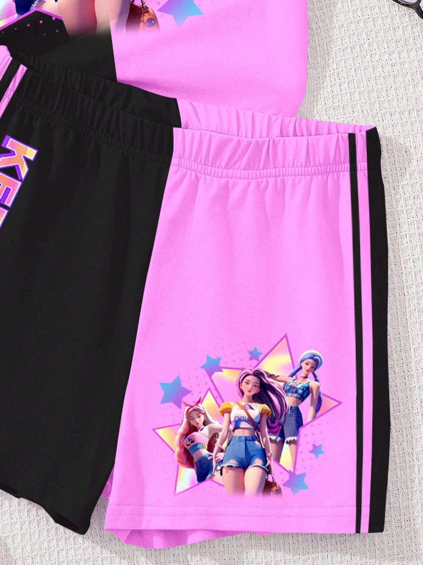 Spring Summer Fashion Kpop Anime Girl Patchwork Print Set, Girls Short Sleeve T-Shirt and Shorts 2 Piece Set, Soft Comfortable Fabric