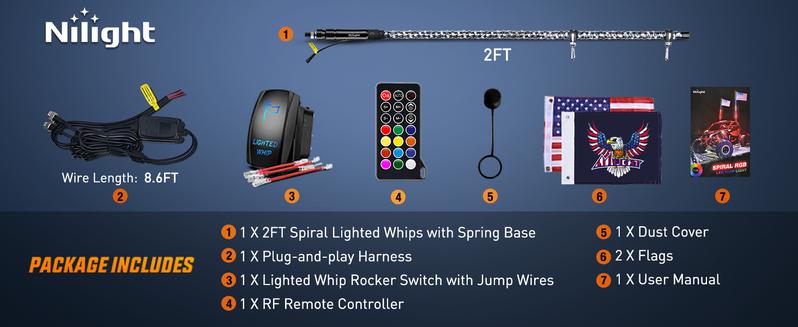 Nilight 1PC 2FTSpiral Led Whip w/Chasing/Dancing RF RemoteControlLightedAntenna Whips for Can-am ATV UTV RZR Polaris DuneBuggy 4-Wheeler Offroad Truck carcover car atmospheric interior  car interior automotive lighting rgb lights luces de luces carlights