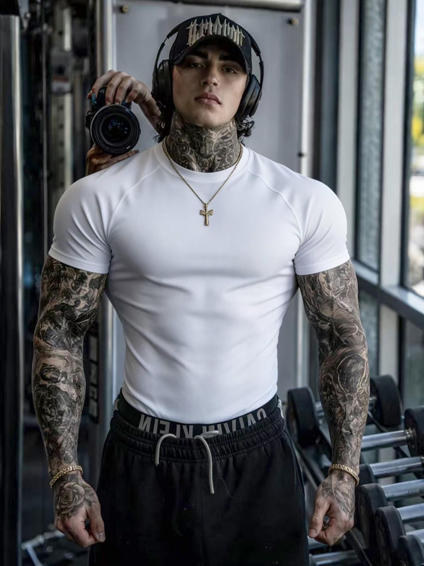 New Men's Fitness Short Sleeve Muscle Sports Tight Fit T-Shirt, Printed Elastic Quick Dry T-Shirt, Outdoor Gym Wear