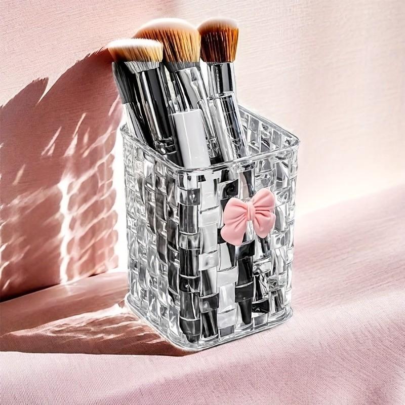 Transparent acrylic makeup brush holder + bow tie, creative makeup storage bucket, lipstick and pen organizer box, desktop decorative cosmetics storage box, Cosmetic Organizers, Clear Storage, Container Organizer