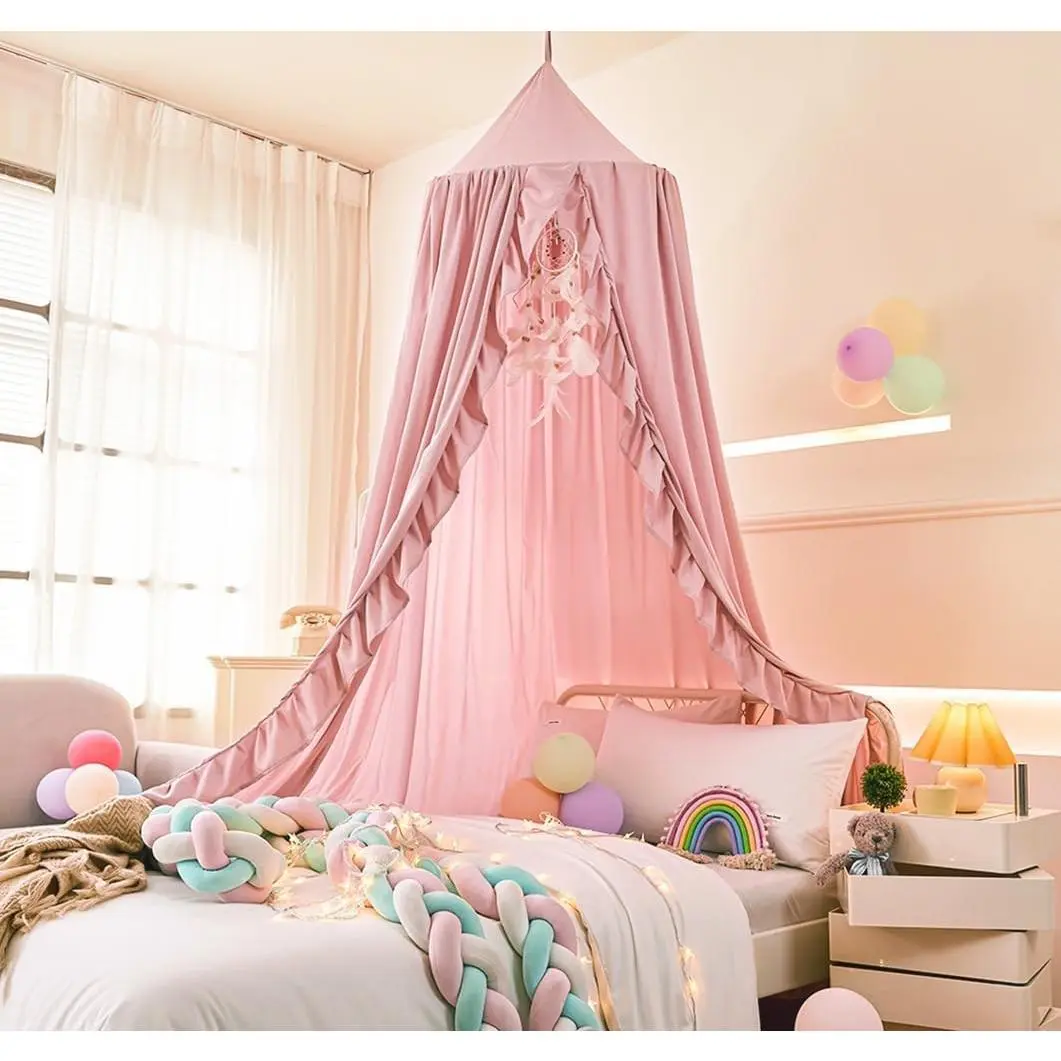 Bed Canopy for Girls,Ruffled Canopy Bed Curtains Canopy for Girls Room,Hanging Canopy Princess Play Tent for Reading Nook Play Room Decor (Beige Pink)
