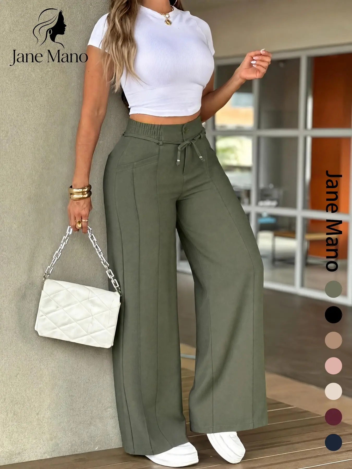 Women's Wide Leg Pants, High Waist Elastic Waist, Straight-Leg Trousers, All Seasons, Loose-Fitting, Office and Date Wear, Loose Legged Pants