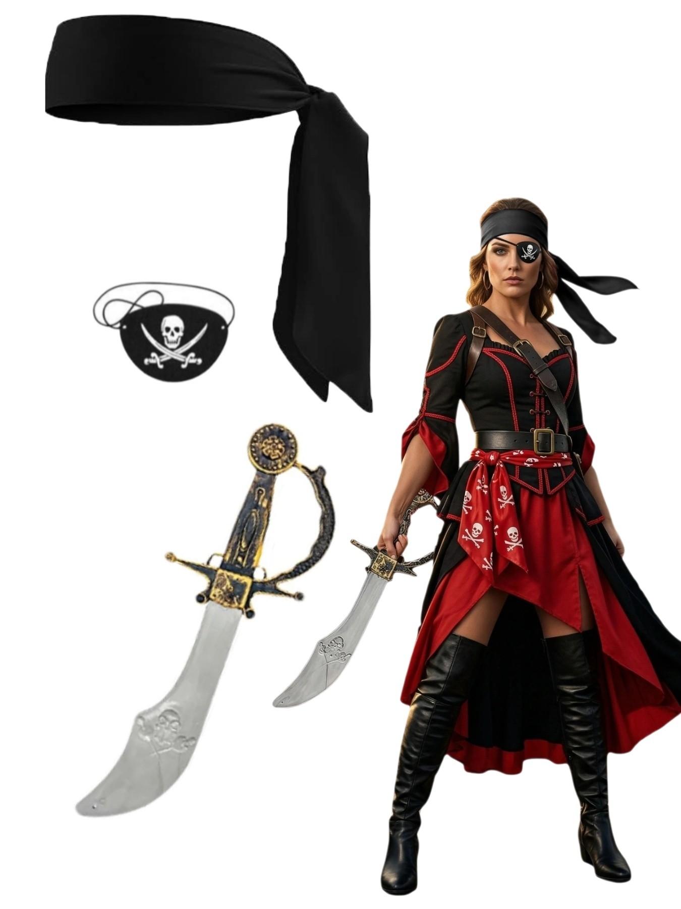 3-Piece Pirate Costume Set for Women and Men, Halloween Party Accessories, Pirate Hat Eye Mask Fake Knife, Role Play Cosplay