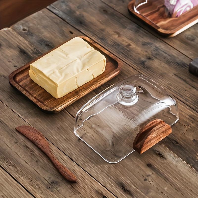 A Wooden Butter Dish with a Glass Lid And Wooden Knife, Suitable for Butter, Cheese, And Snacks - a High-Quality Essential for Kitchen Baking, Featuring a Covered Butter Dish, a Snack Serving Tray, Elegant Table Decor, And Durable Kitchenware