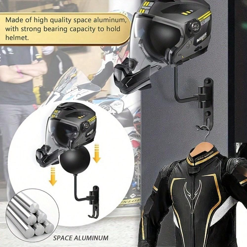 Heavy-Duty Aluminum Alloy 180° Rotatable Motorcycle Helmet Wall Rack, High-Quality Helmet Holder with Hooks, Reliable Storage for Helmets & Caps