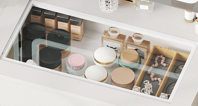 Vabches Small Makeup Vanity Desk with 3 Adjustable Lighted Mirror, Vanity Set with Fold-up Panel and Charging Station, Glass Top Dressing Table with Drawers and Chair, 2 Hidden Storage Shelves