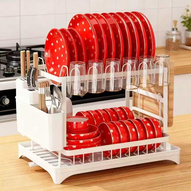 Countertop dish draining rack with removable drain tray and knife, fork and chopstick storage rack