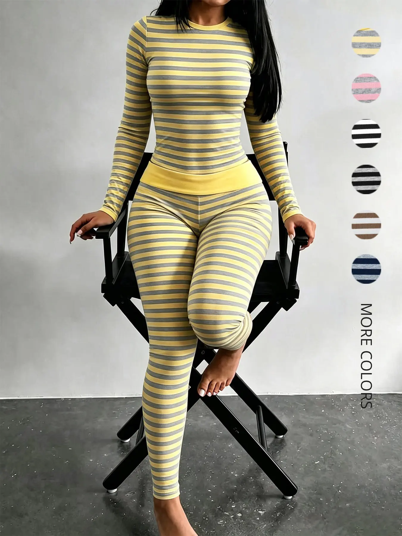 【Black Friday】Women's Slim-Fit Striped 2-Piece Pajama Set, Casual Long-Sleeve Sleepwear with Folded Waistband Pants, All-Season Comfortable Homewear