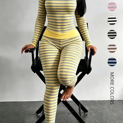 Women's Slim-Fit Striped Two-Piece Set, Fold-Over Waist Long Pants and Long Sleeve Top, Casual Homewear and Loungewear, Comfortable and Stylish Matching Outfit