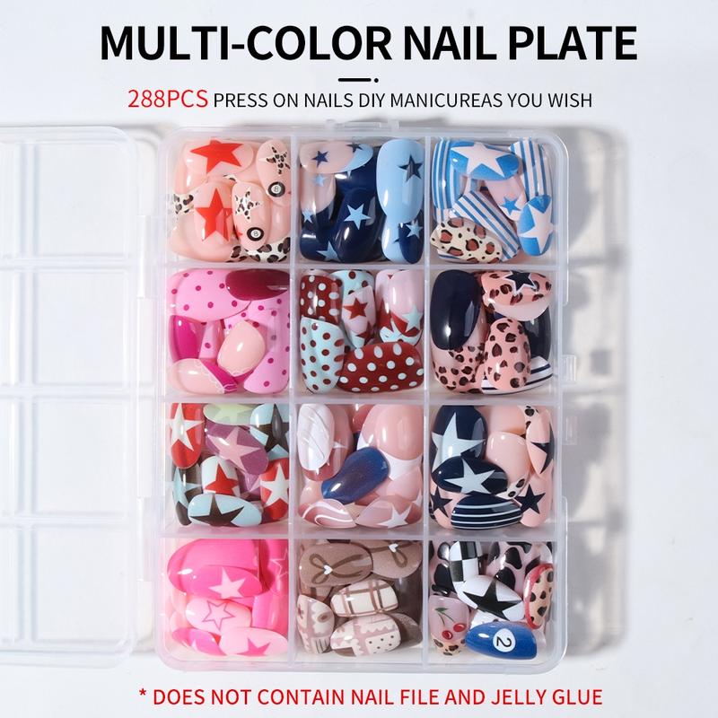 288pcs Acrylic Nail Tips Set, Stylish Acrylic Nails, Short Oval Star Leopard Bow Stripe Cartoon Dot French Design, Reusable Fake Nails for Women Girls 288pcs Acrylic Nail Tips Set, Stylish Acrylic Nails, Short Oval Star Leopard Bow Stripe Cartoon Dot French Design, Reusable Fake Nails for Women Girls