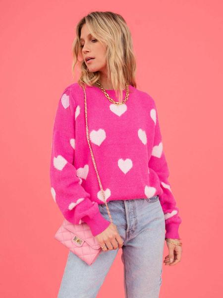 Women's Heart Print Round Neck Sweater, Casual Long Sleeve Crew Neck Jumper, Women's Knitwear For Daily Wear, Womenswear, Tops