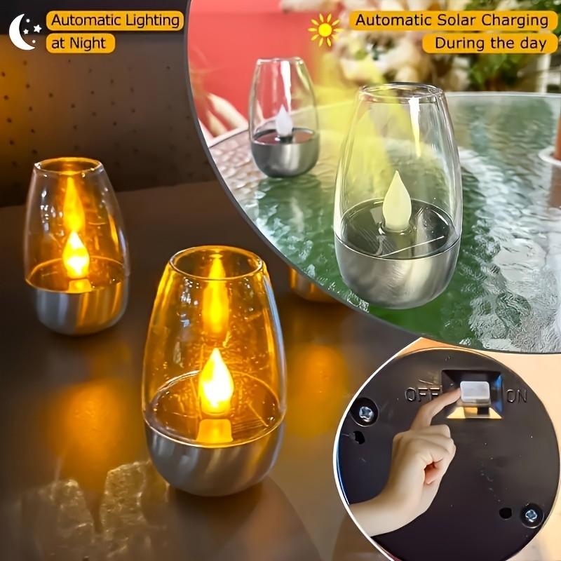 Solar Powered Flameless LED Candle Light, Decorative Outdoor Patio Lamp, Rechargeable 600mah Battery, Polished Metal Finish