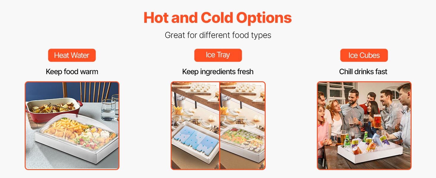 VEVOR Countertop Food Serving Display Container, 1x 1 Pan Stainless Steel Food Serving Tray, Buffet Condiment Dispenser Display Rack with Clear Arc Lid 3 Ice Trays, for Restaurant, Hotel, Party