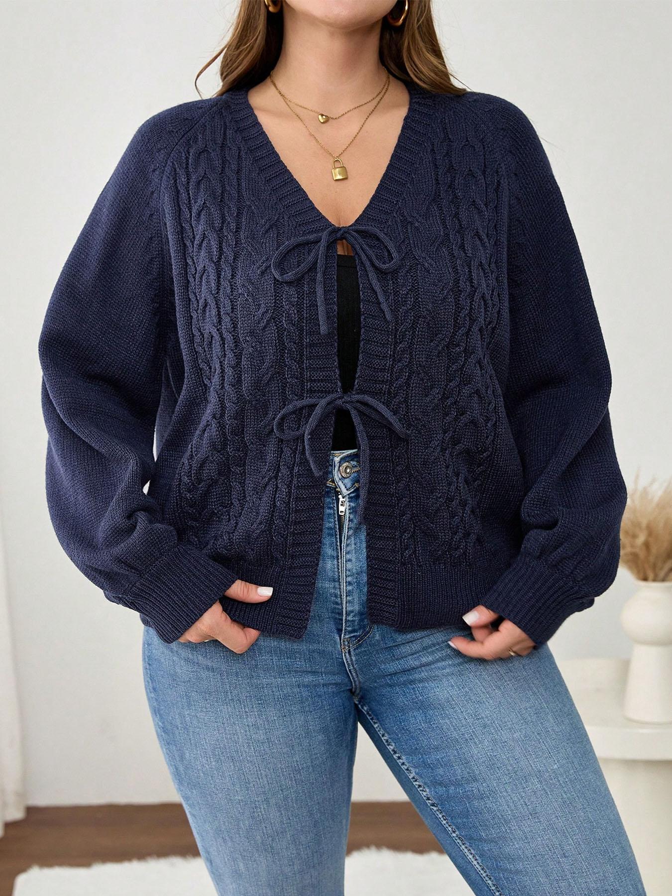 Plus Size Women's Blue V Neck Knit Cardigan Knitwear, Casual Long Sleeve Pullover, Fall & Winter Fashion, Comfortable Plain Design