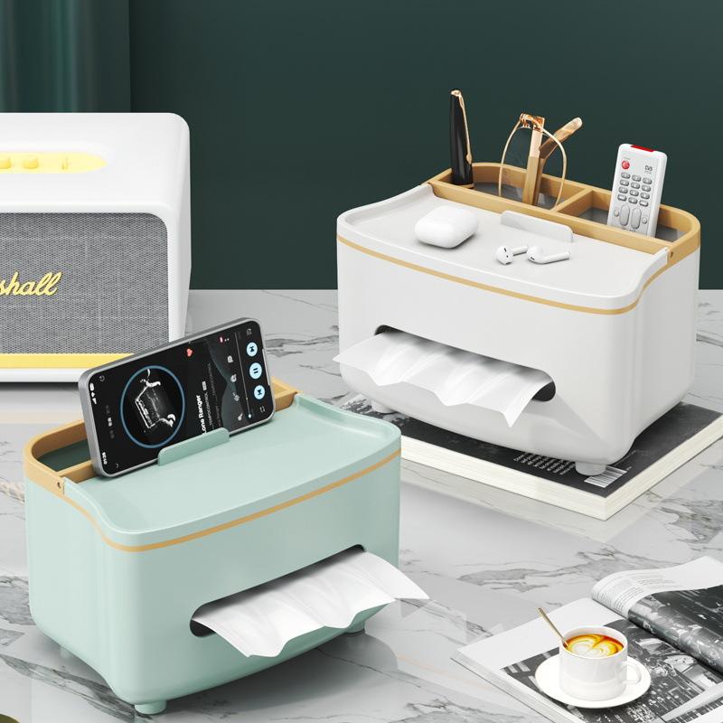 3-in-1 Remote Control Holder & Tissue Box, Tissue Dispenser with Storage Compartment, White/Mint Green - Plastic Coffee Table, Nightstand Centerpiece - Compatible with TV/Phone/DVD - Space-Saving Design, Office Organization & Storage