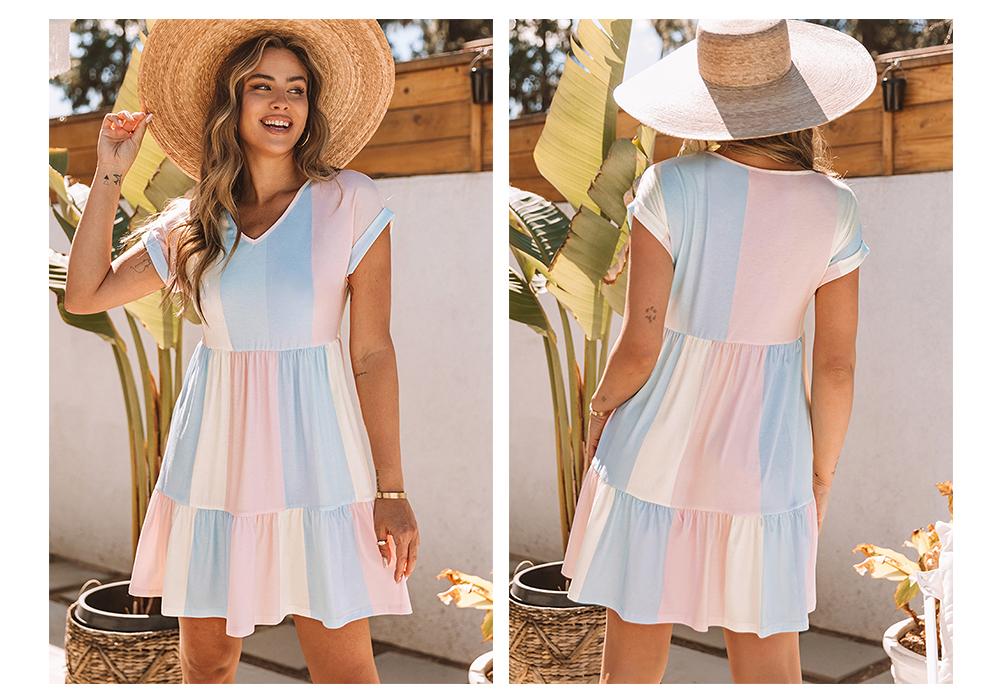 Asvivid Women's Multicolor Striped Rainbow Colorblock Dresses V Neck Short Sleeve Tiered Smock Babydoll Casual Summer Vneck Dress