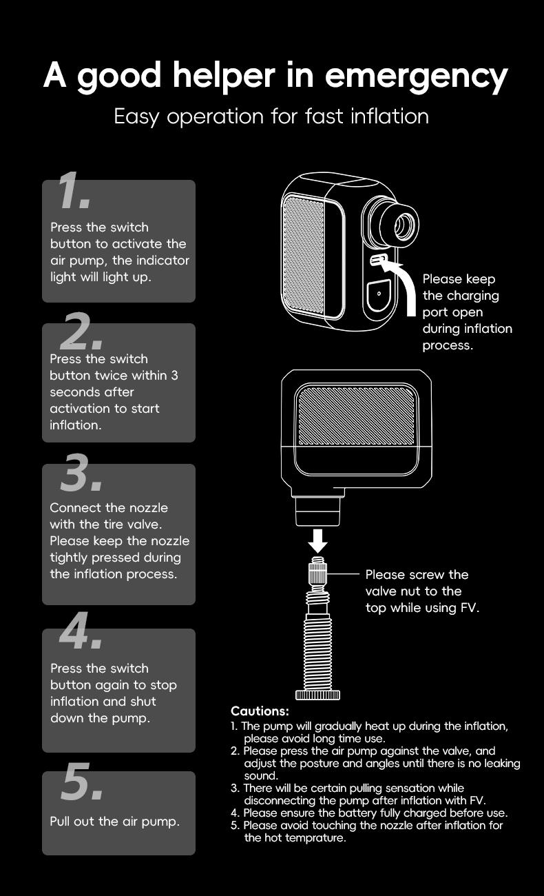ROCKBROS Bicycle Tiny Electric Air Pump Lightweight 100Psi MTB Road Bike Air Pump Portable AV/FV Inflator Pump For Emergency Outdoor Cycling Bicycle Accessories