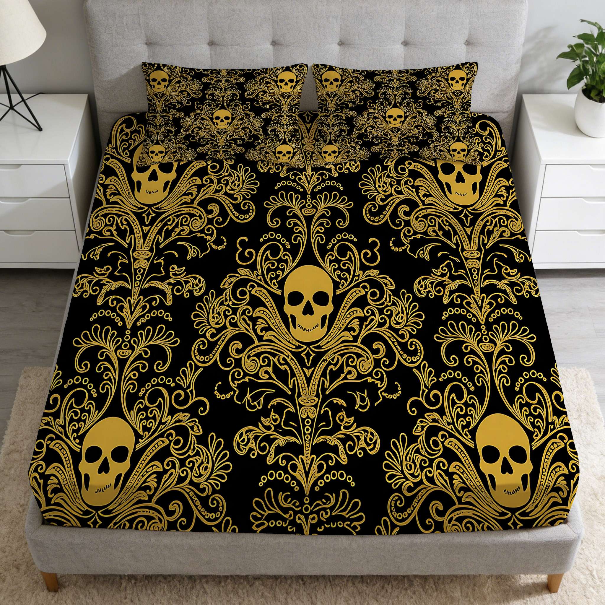 2/3 Pcs Skull Decorative Art Pattern Fitted Sheet Set(1*Fitted Sheet+1/2*Pillowcase,No Filling),High-Definition Digital Printing,Soft And Comfortable Fabric,Suitable For All Year Round,Perfect Gift For Family And Friends On Festivals!