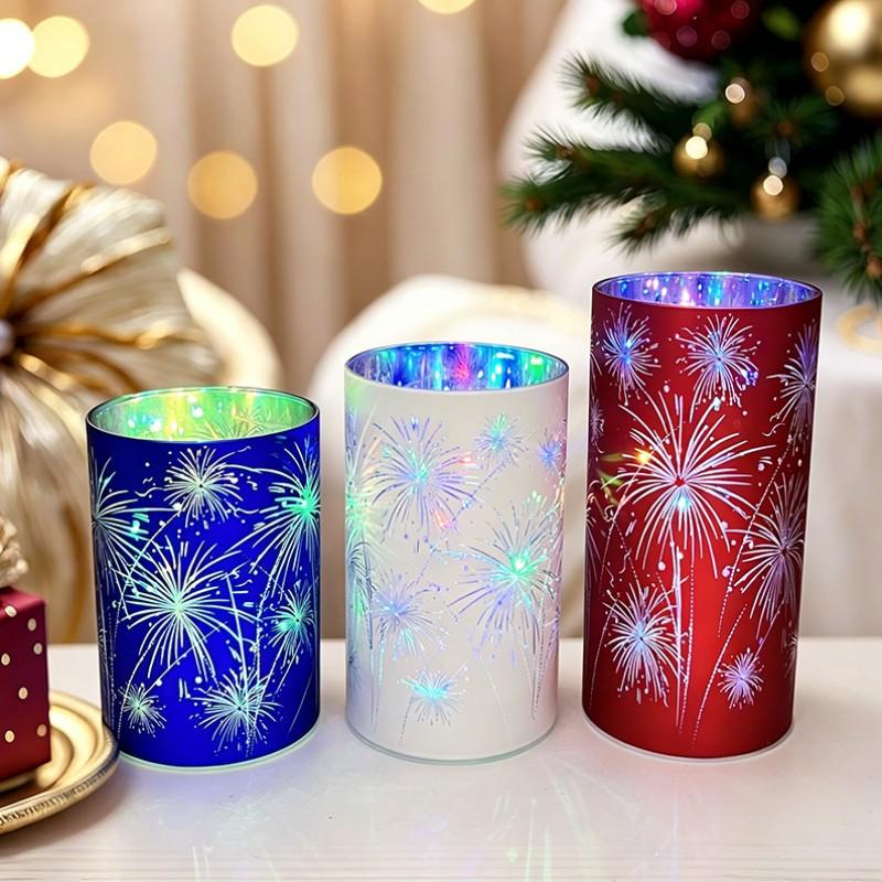 3-Piece Electronic Candle Holder Set, Candle Holders for Table Centerpiece, Home Decor Tabletop Centerpieces for Birthday Parties and Weddings, Featuring Cylindrical Frames with 'Bursting Fireworks' Pattern and LED Light Sources, Available in Warm White
