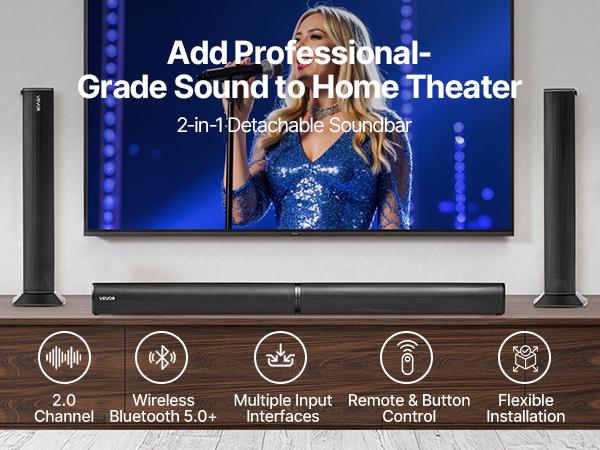 fathersdaygift  VEVOR Sound Bar for Smart TV, 2.0 Channel, 32-Inch 2 in 1 Detachable Soundbar TV Speakers, with Bluetooth HDMI AUX USB Connection, Remote Control, 80W Surround Sound System, for Home Theater Audio