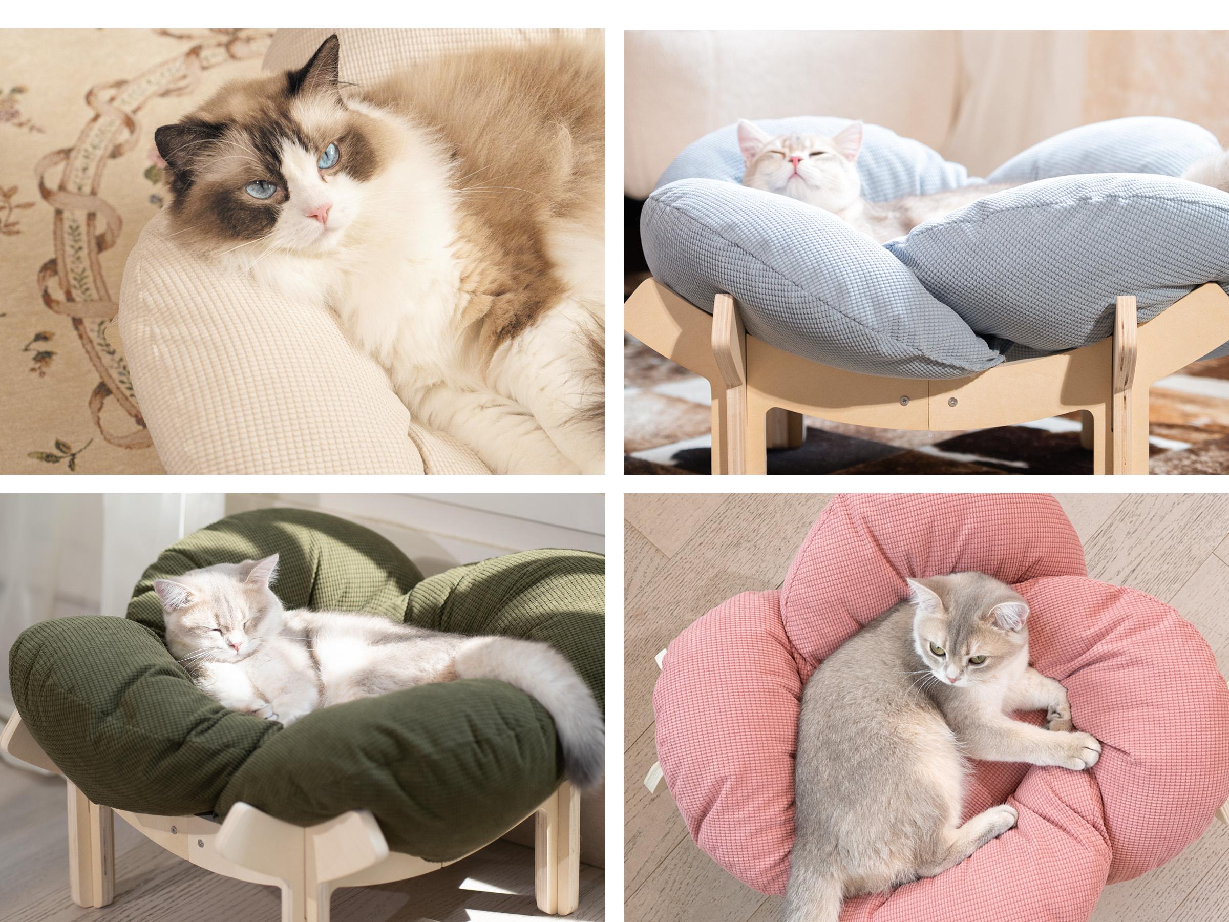 Elevated Flower Cat Bed，Wooden with Cushion， Fluffy Pet Couch Sofa for Indoor Cats and Dogs， Raised Kitty Lounge Chair， Suitable for Puppy, Cat Furniture(Large)