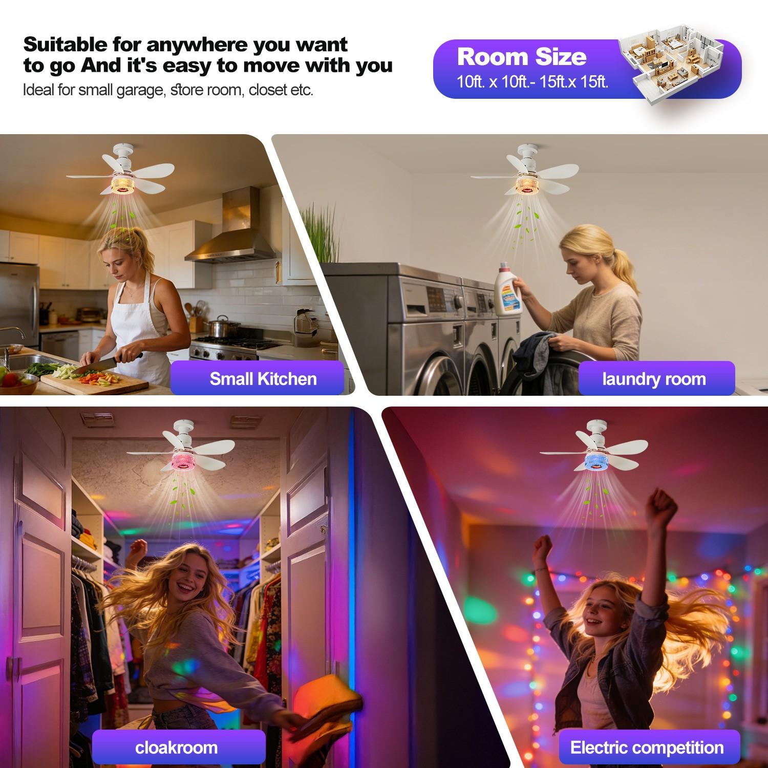 Bluetooth-compatible Speaker Ceiling Fan Light, E27 Socket, RGB Adjustable Timer, Home Office Bedroom Kitchen, Modern Smart Fan