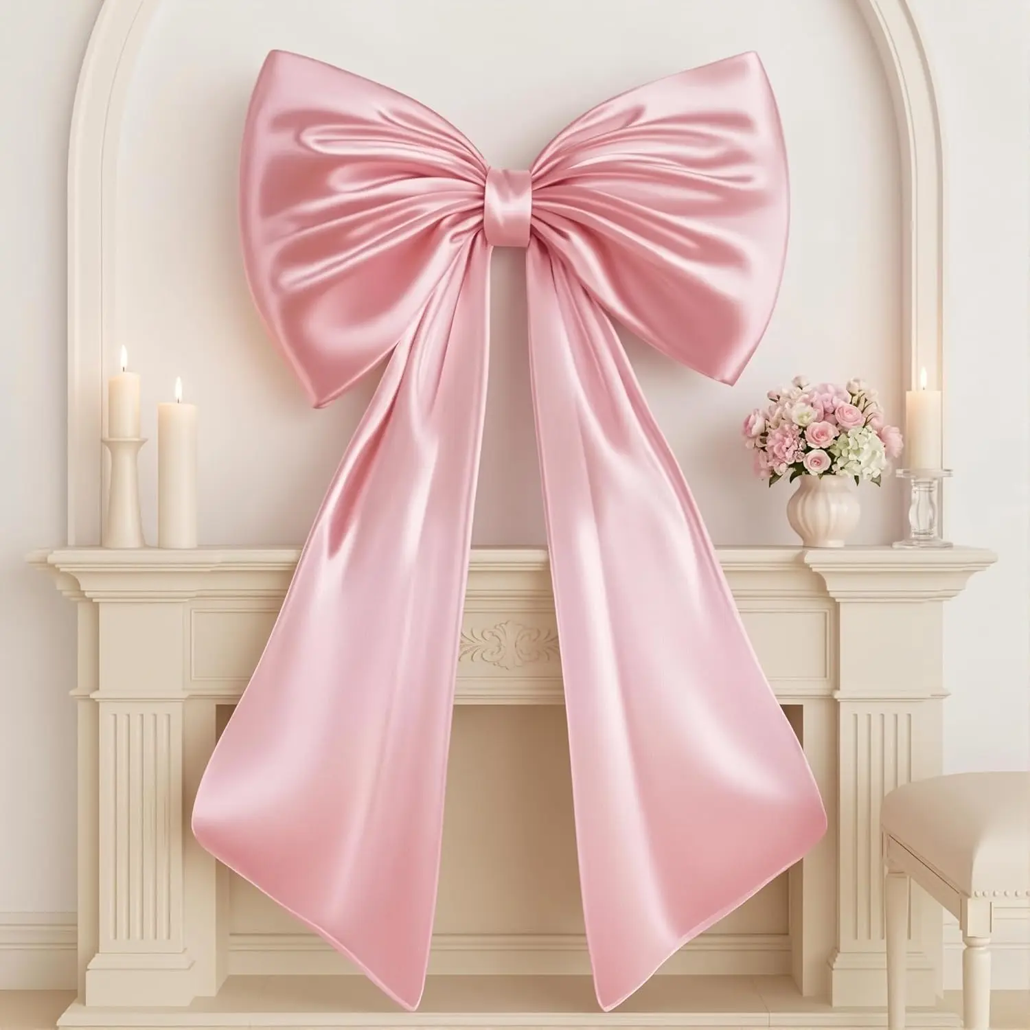 24"W x 40"H Satin Ribbon Giant Bow Decor, Pastel Pink 3D Reusable Premium Satin Bow with Internal Stability Layer, Easy Hang for Coquette Party Wedding Bridal Shower Bedroom Ballerina Girl Wall Decor