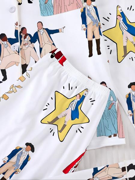 Hamilton Musical Print Women's Pajama Set, Long Sleeve Shirt Collar Button Soft Top & Elastic Pants, Casual Home Wear