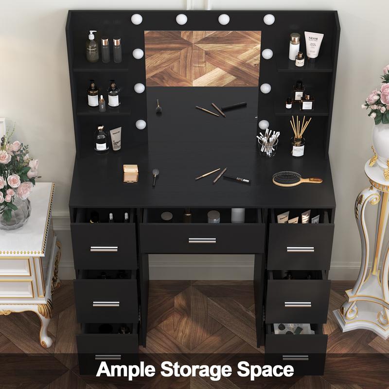 Black LED Dressing Mirror Makeup Table Bedroom Vanity Unit Set with 7 Drawers