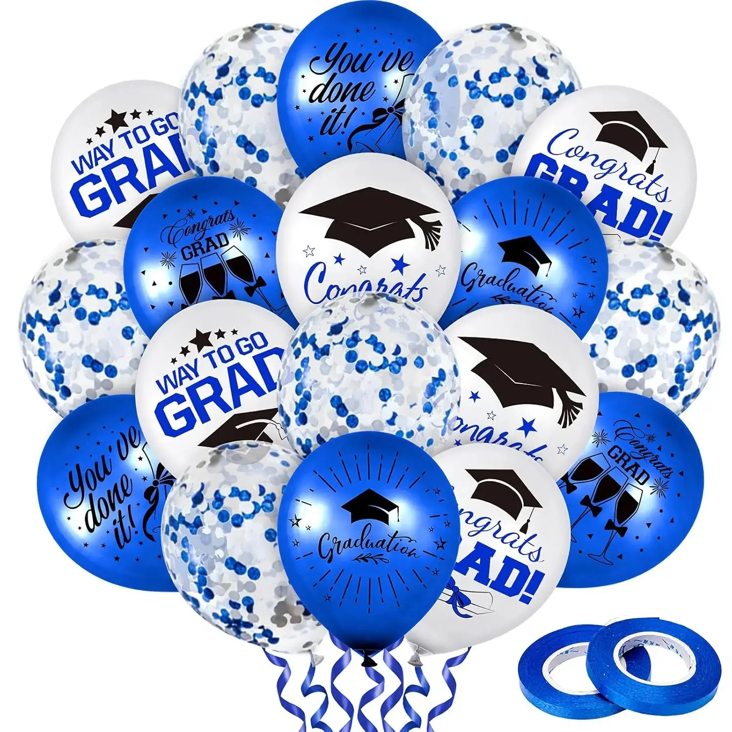 60Pcs Graduation Party Balloon Set 7 Designs Blue White Confetti Latex Balloons with 2 Rolls Blue Ribbon Grad Cap Congrats Balloons for Graduation Party Decoration Supplies