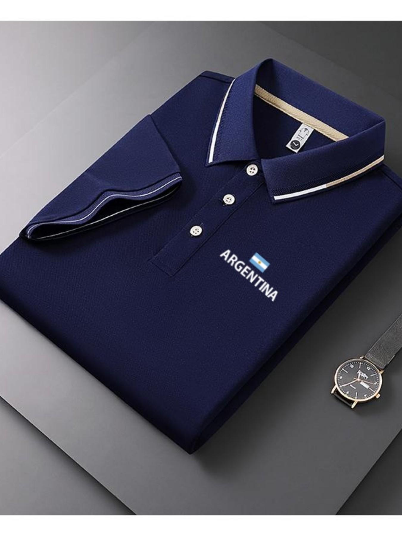 Men's Casual Summer Print T-Shirt, Argentine Flag Design, Geometric Pattern, Lightweight Breathable, Short Sleeve Polo Shirt