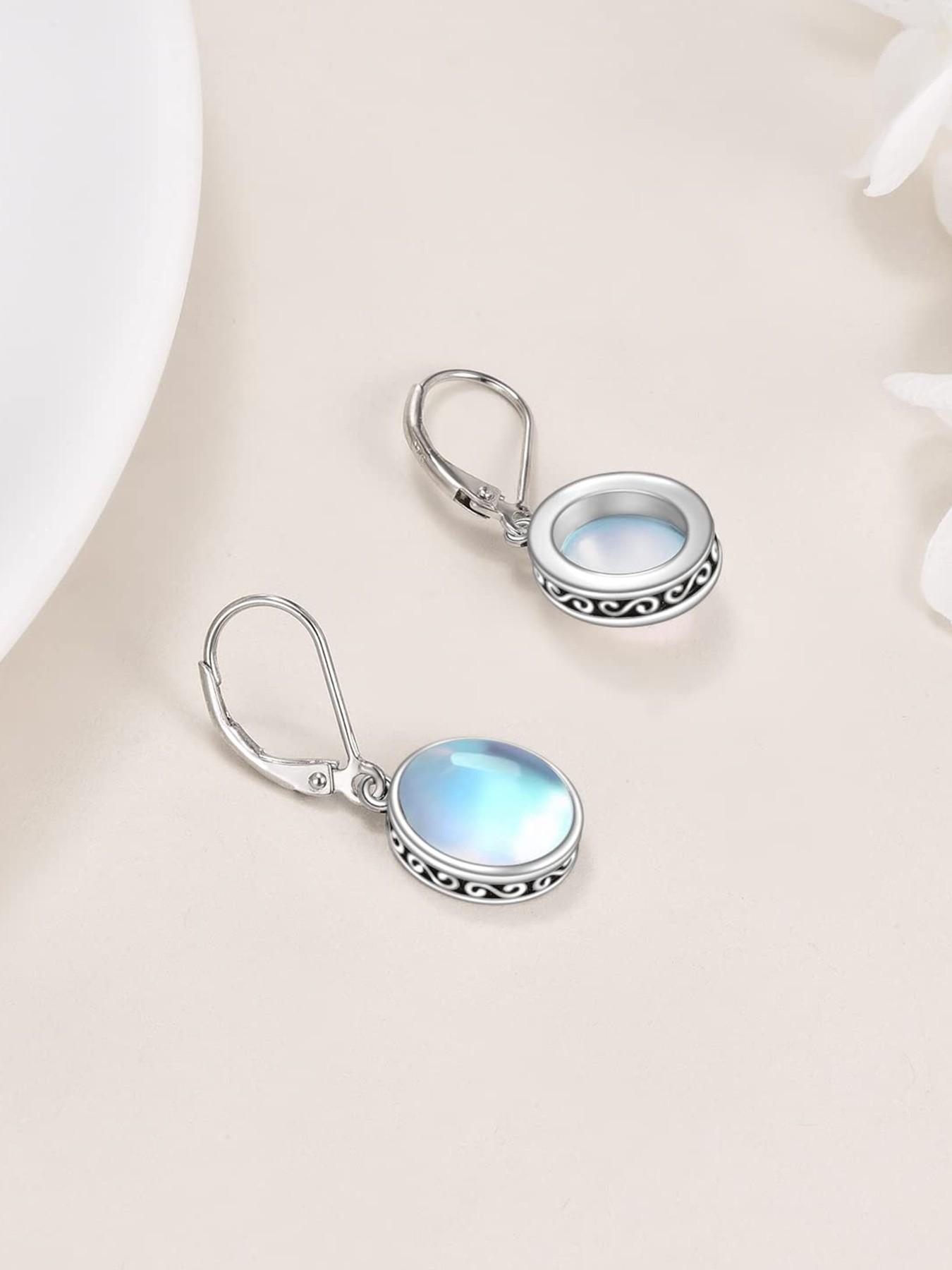 Women's 925 Silver Vintage Bohemian Oval Moonstone Dangle Earrings, Hypoallergenic Fashion Jewelry, Perfect for Daily Wear and Gifts