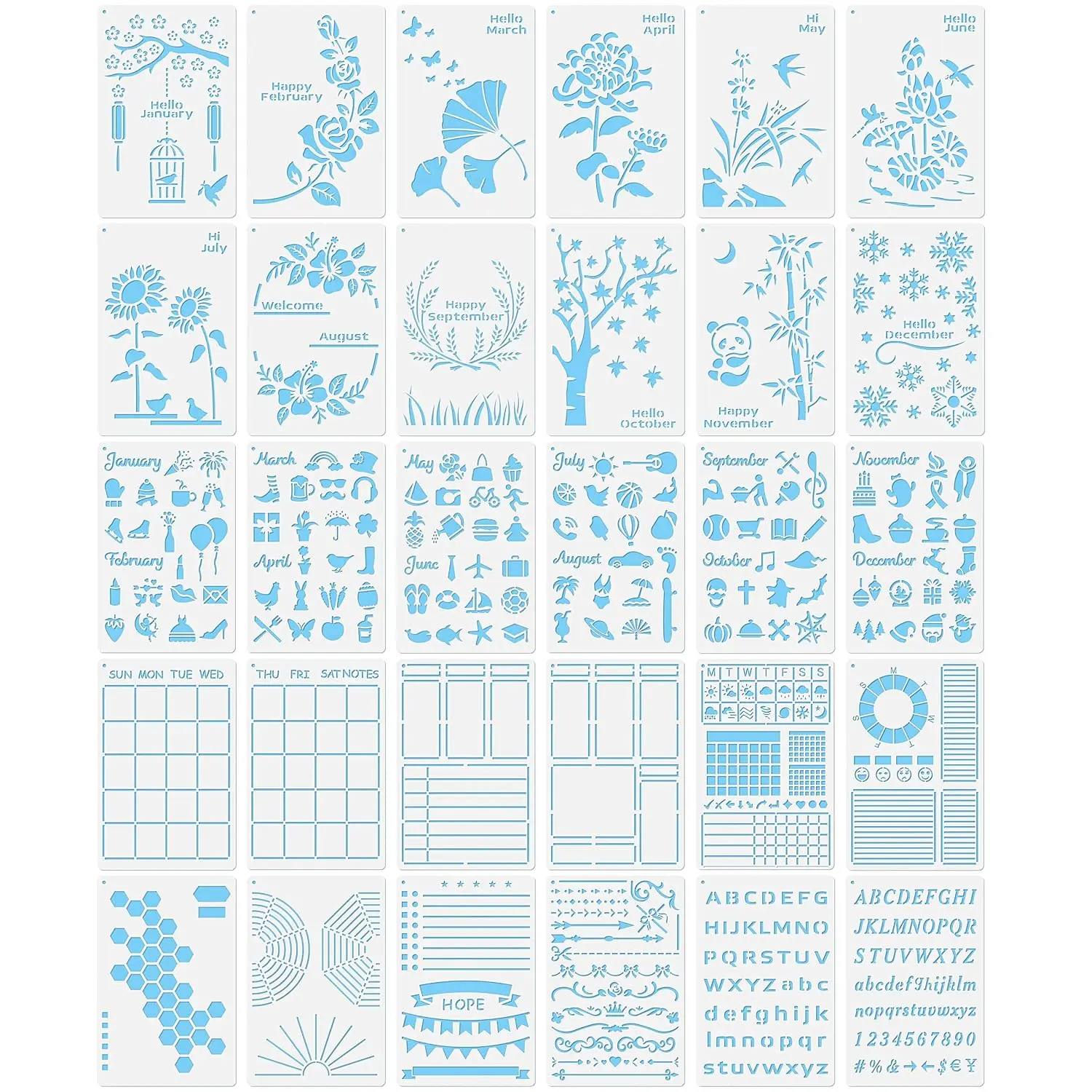 New 30 PCS Bullet Journals Stencils Supplies (5.1x7.9 Inch) Plastic Planner Stencil For Journaling Bujo Accessories Incl Ultimate Productivity And Monthly Seasonal Holiday Themes Stencil