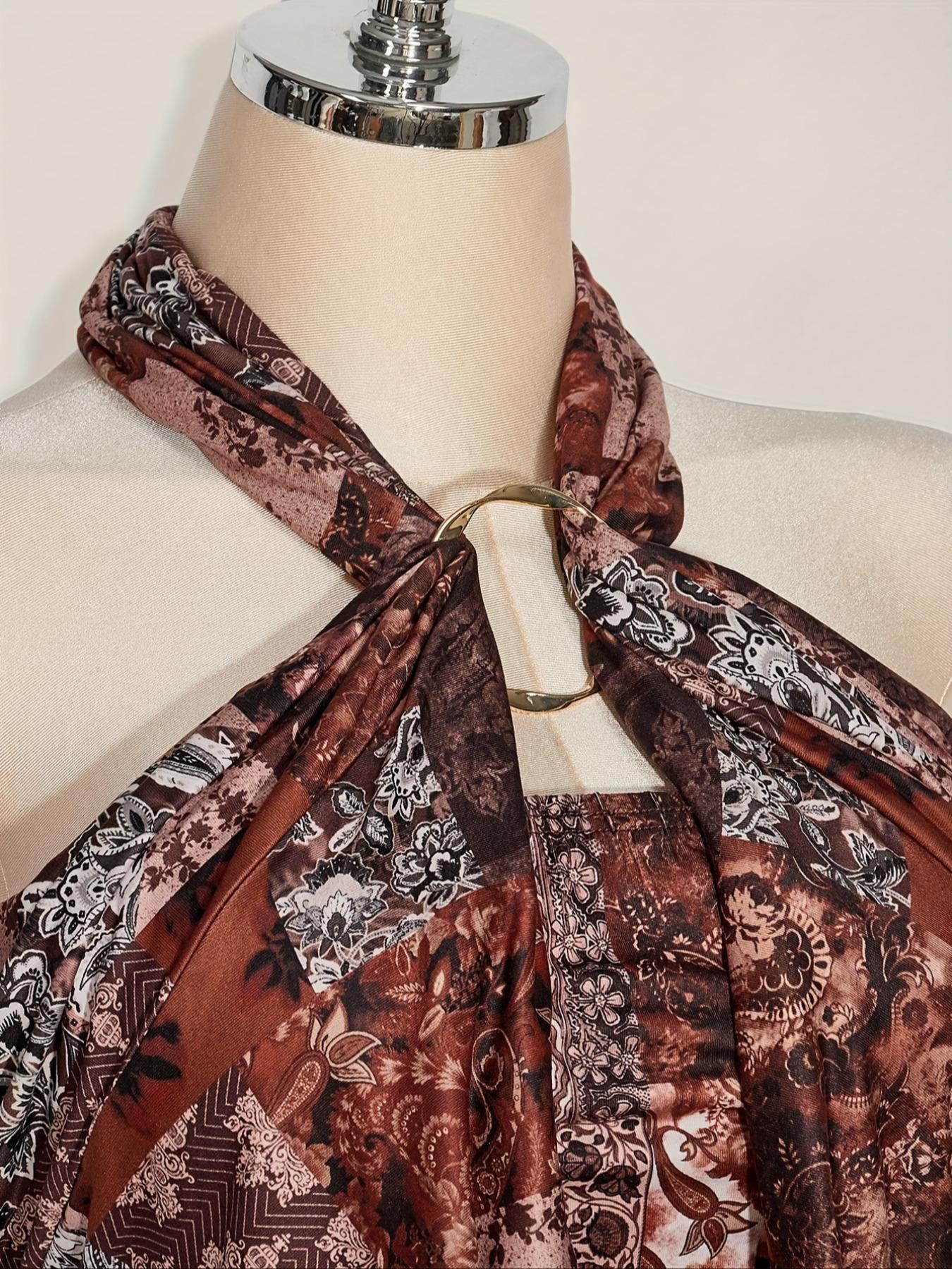 Women's Boho Halter Top, Bohemian Floral Print Sleeveless Blouse, Casual Fitted Beach Vacation, Party Wear, Vintage Style