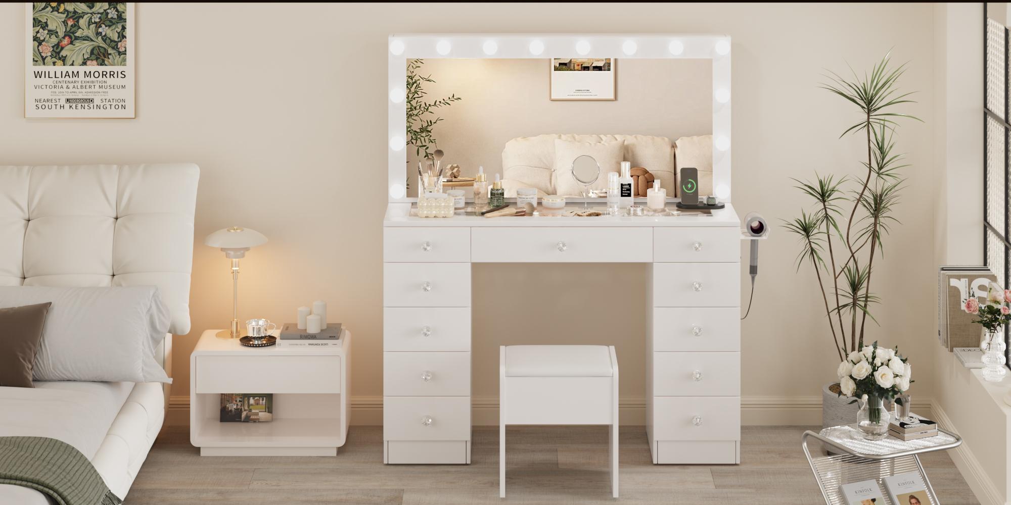 VOWNER Vanity with 10x Magnifying Mirror, With GlassTop & Power Outlet, 3 Color Light Options, 46" Vanity Table with 11 Drawers&Stool, Bedroom, White