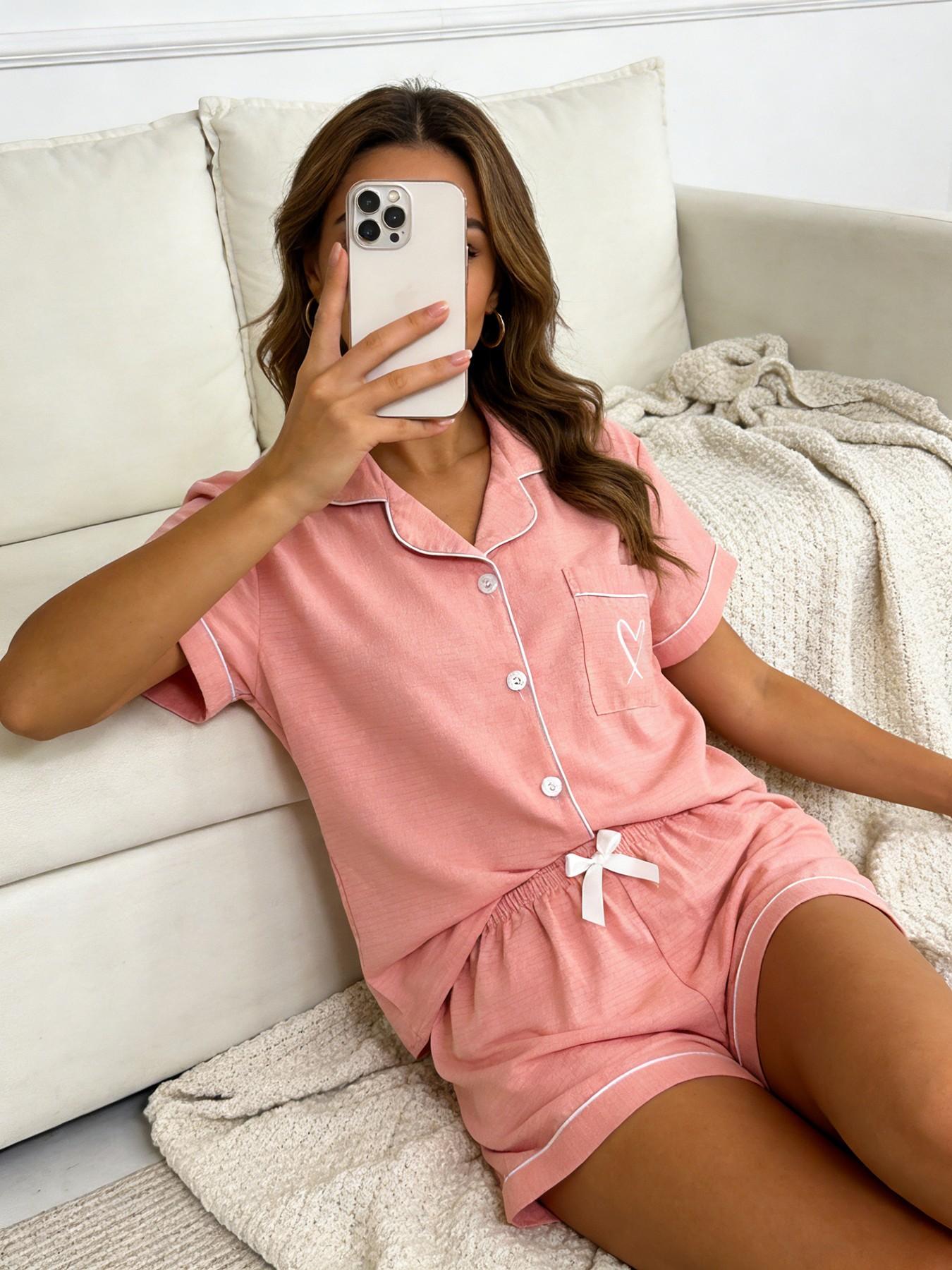 Women's Short Sleeve Button Down Top and Shorts Pajama Set, Spring Summer Wear, For Minimalist Gentle Commuter Girls, Peach Pink With Contrast White Piping, Heart Printing Pocket, Loose Fit, Comfortable For Home & Going Out