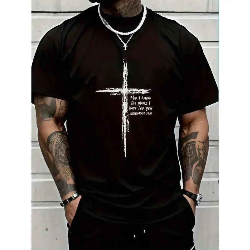 1pc Mens Clothes Cross Scripture Print Black TShirt, Unisex Casual Crew Neck Tshirt, Plus Size Men's Clothing 5XL, Lightweight 220gsm Knit Fabric, Streetwear Crewneck