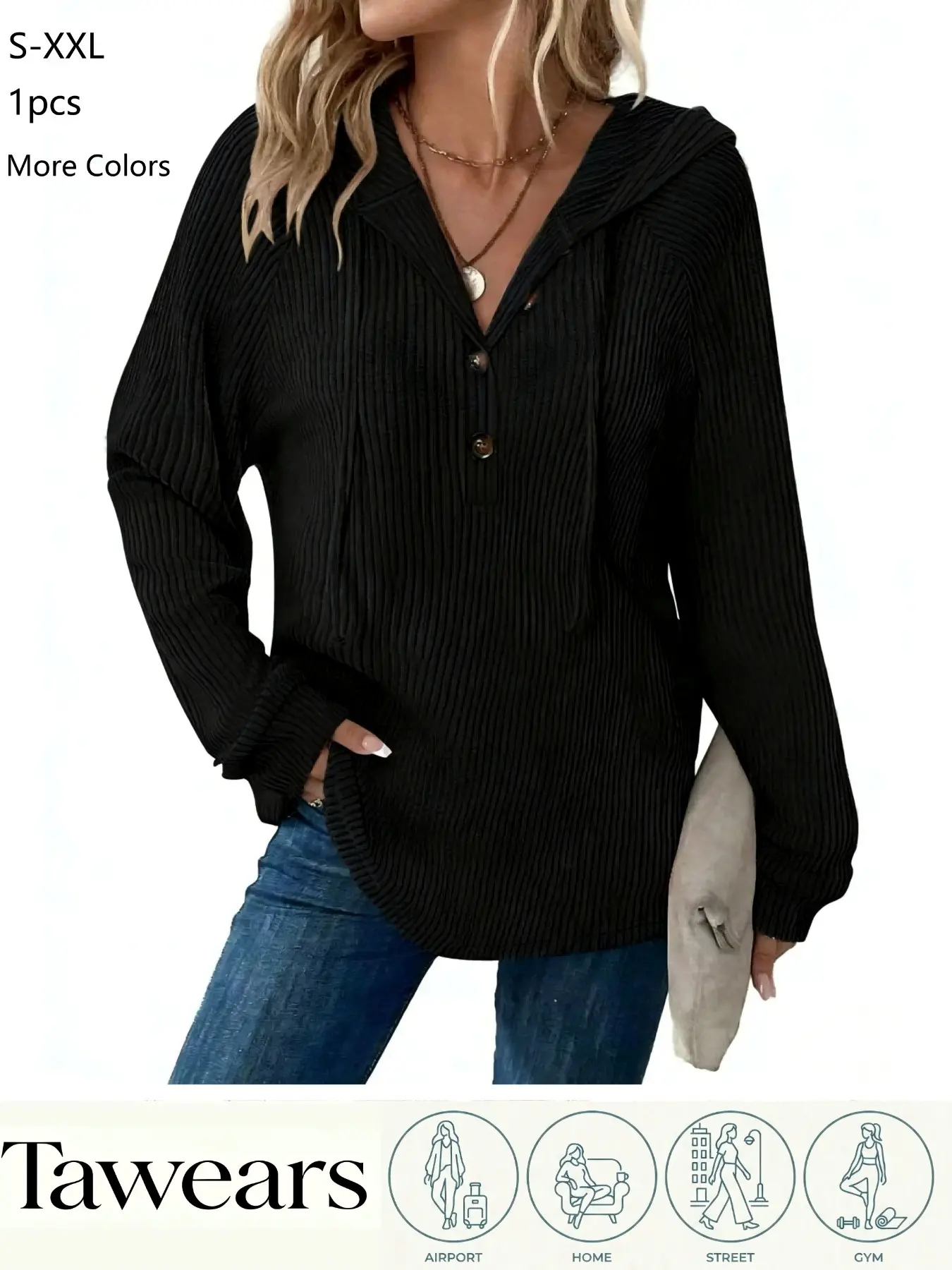 Women's Knit Drawstring Hoodie, Button V-Neck Long Sleeve Pullover, Casual Sports Sweatshirt, Stylish Comfort Outerwear, Tops