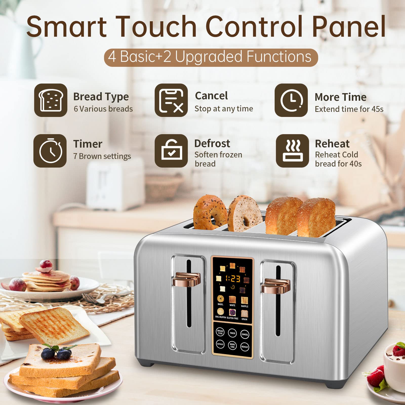 Toaster 4 Slice, Stainless Toaster LCD Display, Touch Buttons, 6 Bread Selection, 7 Shade Settings, 1.4''Wide Slots Toaster Cancel, Defrost, Reheat, Removable Crumb Tray, 1800W Home Kitchen Appliances Multifunction Steel