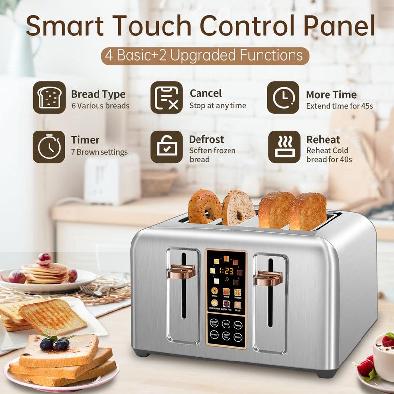 Toaster 4 Slice, Stainless Toaster LCD Display, Touch Buttons, 6 Bread Selection, 7 Shade Settings, 1.4''Wide Slots Toaster Cancel, Defrost, Reheat, Removable Crumb Tray, 1800W Home Kitchen Appliances Multifunction Steel Toaster 4 Slice, Stainless Toaster LCD Display, Touch Buttons, 6 Bread Selection, 7 Shade Settings, 1.4''Wide Slots Toaster Cancel, Defrost, Reheat, Removable Crumb Tray, 1800W Home Kitchen Appliances Multifunction Steel