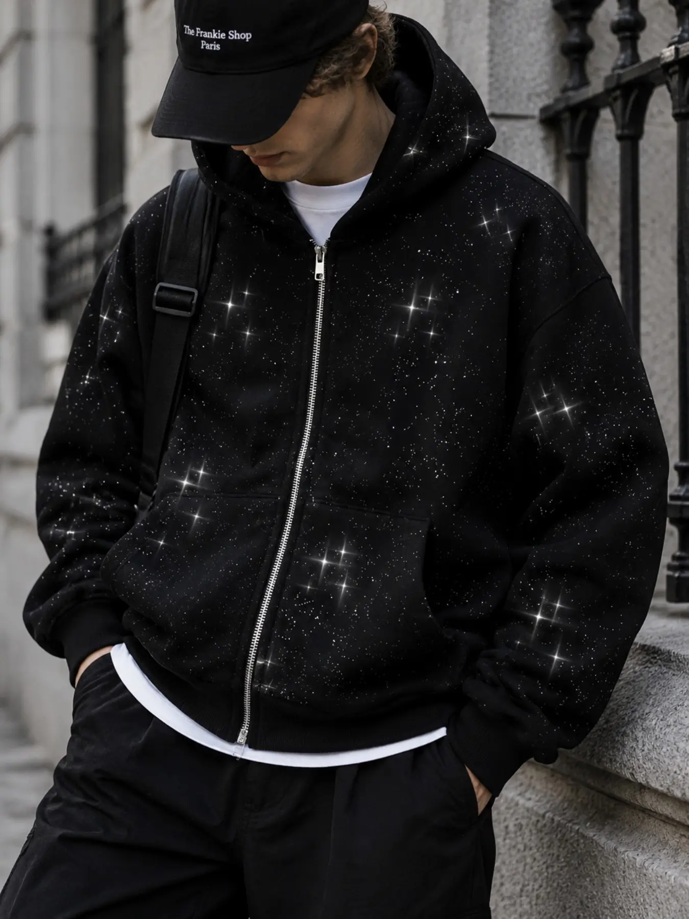 Starry Glitter Zipper Hoodie, Loose-Fit Drop Shoulder Jacket, Fall Winter Street Style, Unisex Casual Outerwear Sweatshirts