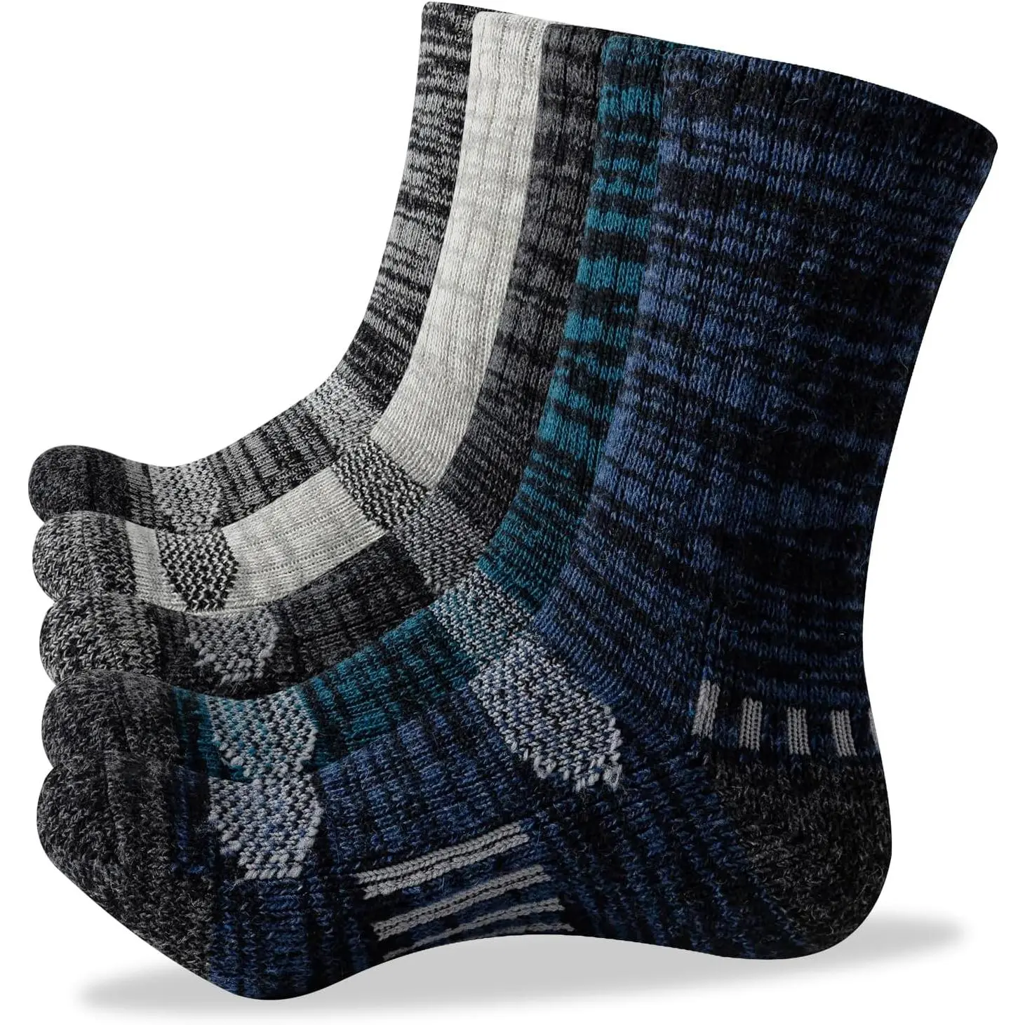 Men's Wool Socks Crew Hiking, 5 Pairs| Moisture Wicking, Cushioned, Boot Socks for Work, Running and Sports