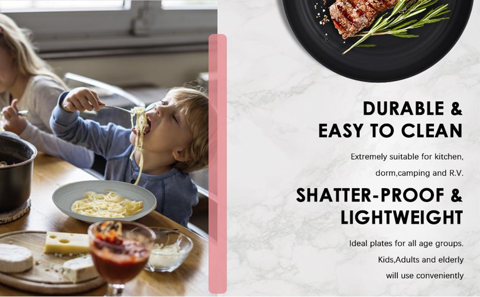 Wheat Straw Plates - 8 Inch Unbreakable Dinner Plates Set of 8 - Dishwasher & Microwave Safe Plastic Plates Reusable - Lightweight Plates for kitchen,R.V (pure black)
