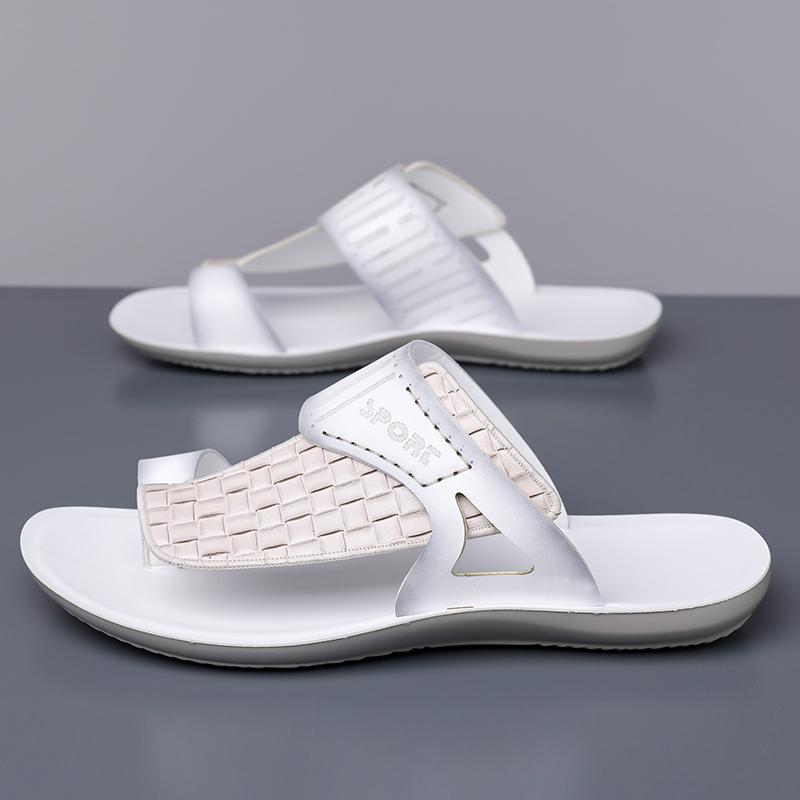 Men's Summer New Sandals, Letter Print Straw Texture, Trendy Anti-Slip Thin Sole, Casual Beach Shoes, Fashionable and Comfortable