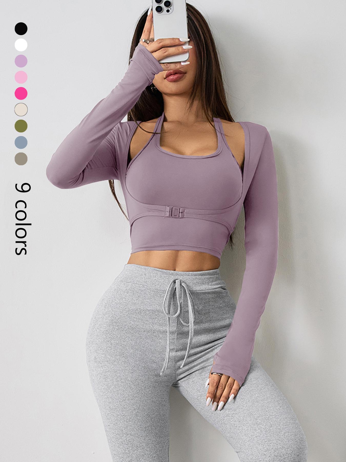 Women's Solid Color Long Sleeve Thumb Hole Design Halter Neck 2 in 1 Sports Tee Gym Yoga Tops for Yoga Gym Workout, Ladies Sportswear for All Seasons