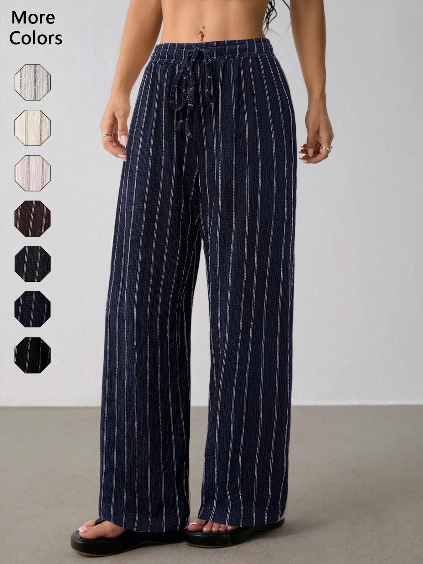 Women's Striped Waist-Tie Straight-Leg Loose Streetwear Pants, Casual Style, Moderate Fabric Thickness, All-Season Wear